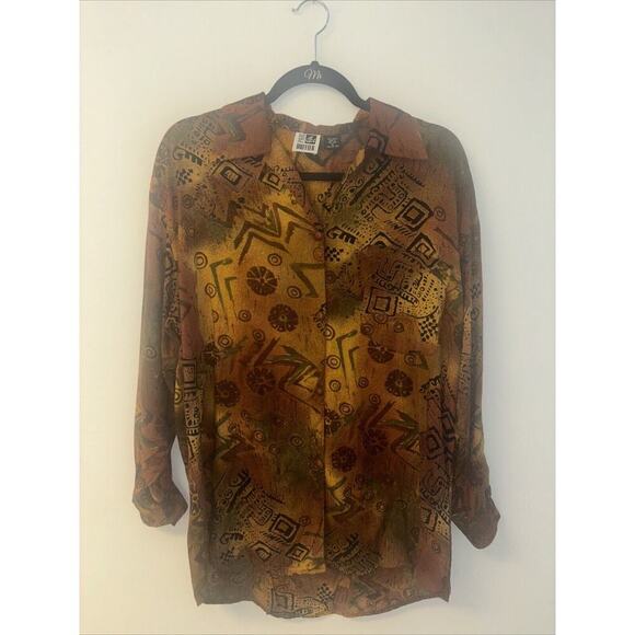Vintage 80’s Button Down Shirt Sz Med Paul Et Duffier Abstract Print Brown Retro - Picture 1 of 5
